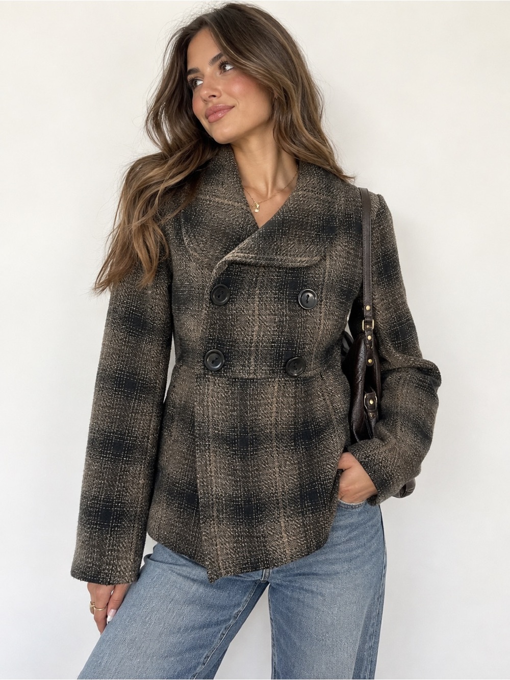 Old Money Classy Officesiren wool blend Double-Breasted Plaid Peacoat Jacket